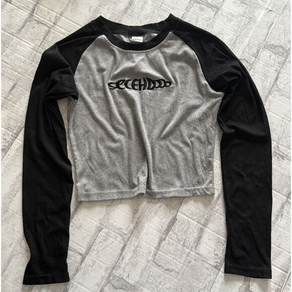 Y2K Style Raglan Long Sleeve Cropped Crew Neck Ribbed Black And Gray Shirt Top M - Picture 4 of 8